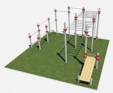 Два турника, брусья двойные разноуровневые, шведская стенка, рукоход разноуровневый и скамья для пресса.